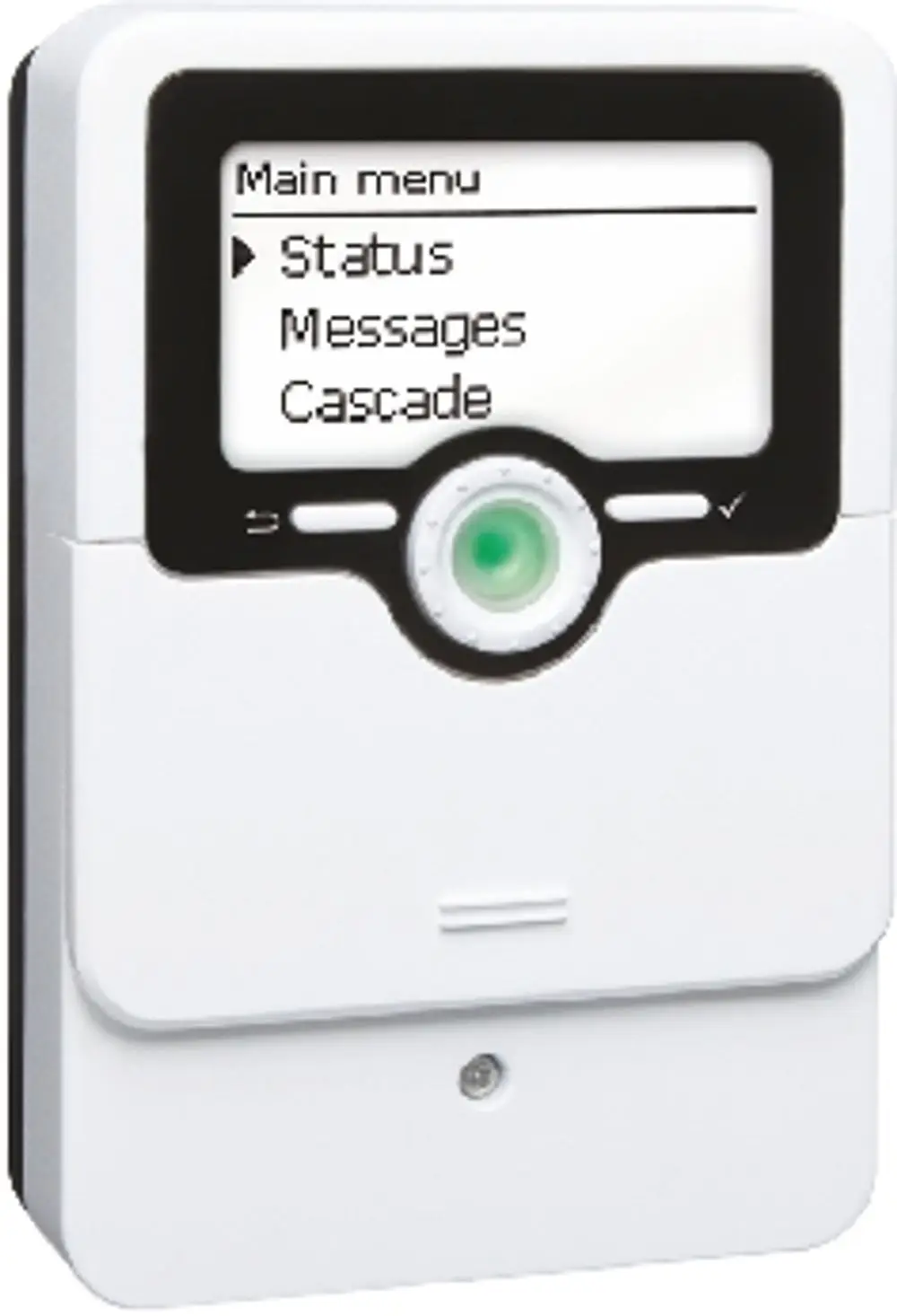 Wolfs Master Regler für Heizsysteme mit einem Display, das Optionen für Status, Nachrichten und Cascade anzeigt. Kompakte Bauform in Weiß.